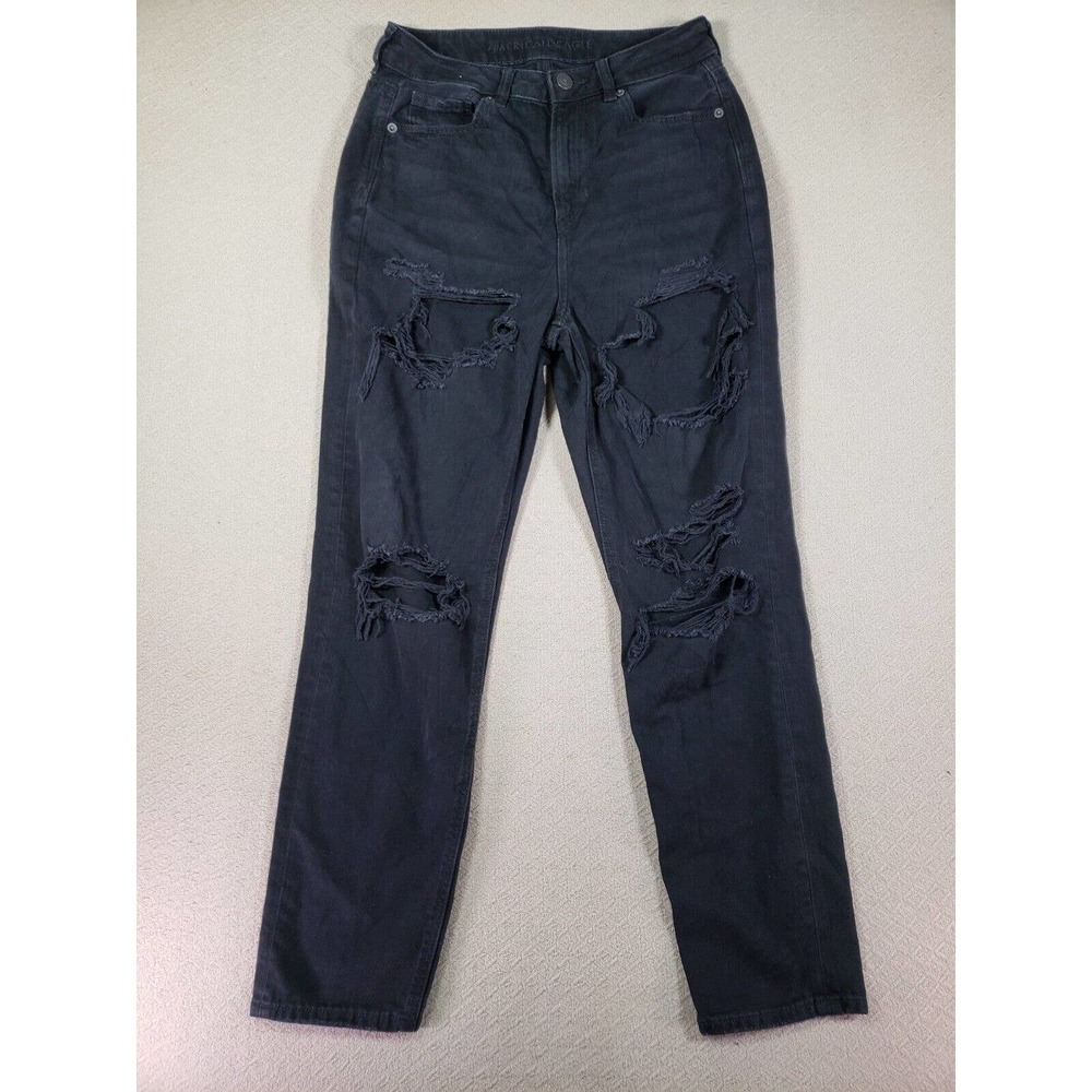 American Eagle Mom Jean Womens 28 Black High Rise Distressed Dark Wash Denim